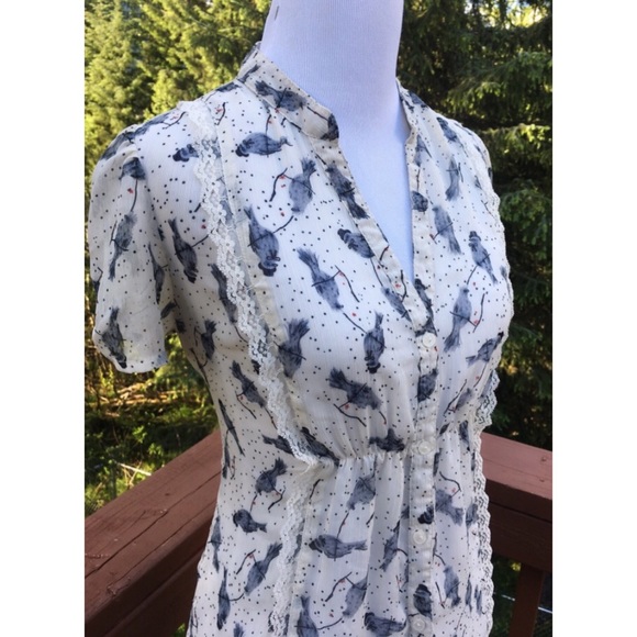 Kirra Bird Print Lace & Ruffle Chiffon Smocked Top - Picture 2 of 2